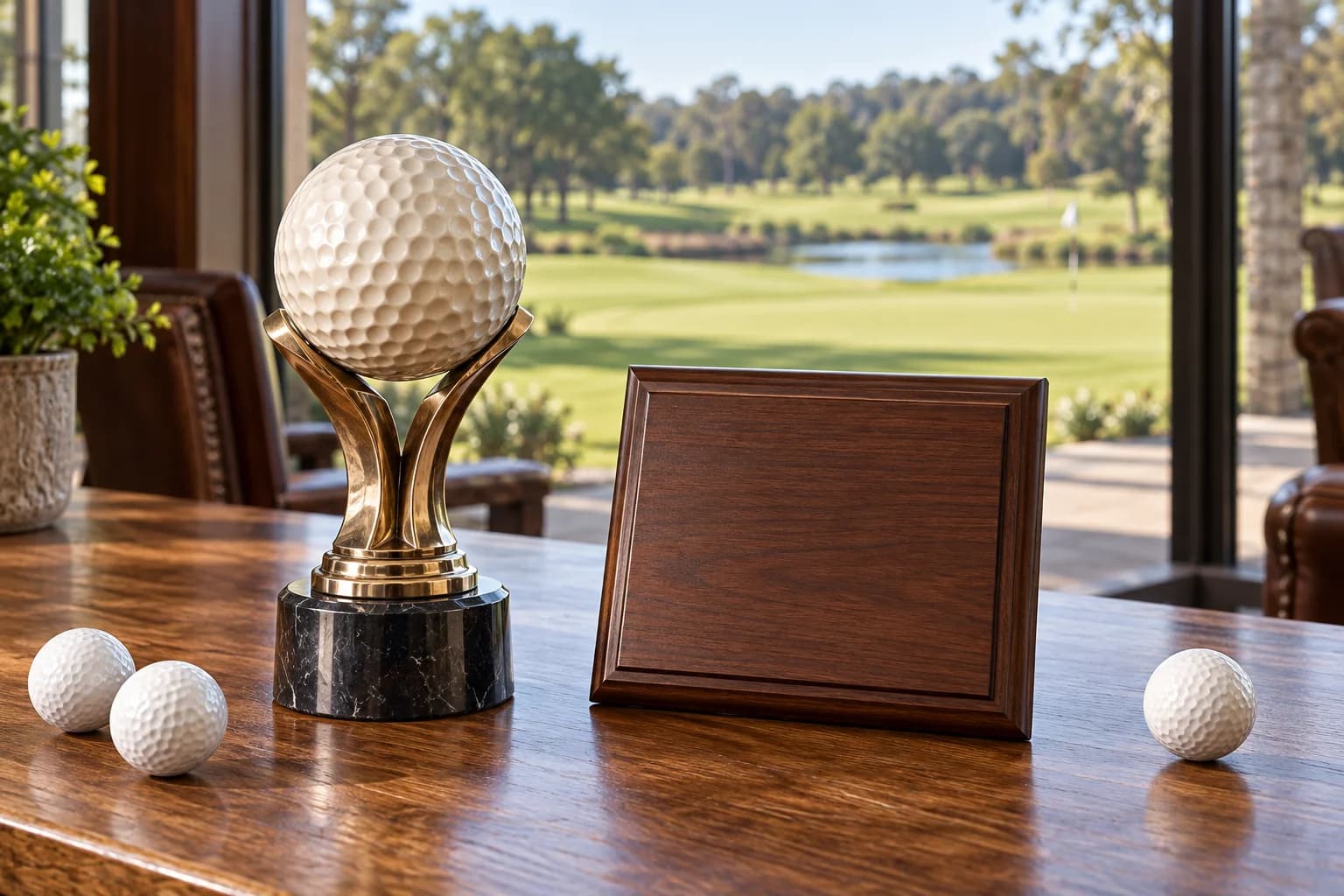 Golf-themed trophy and blank plaque in a clubhouse setting