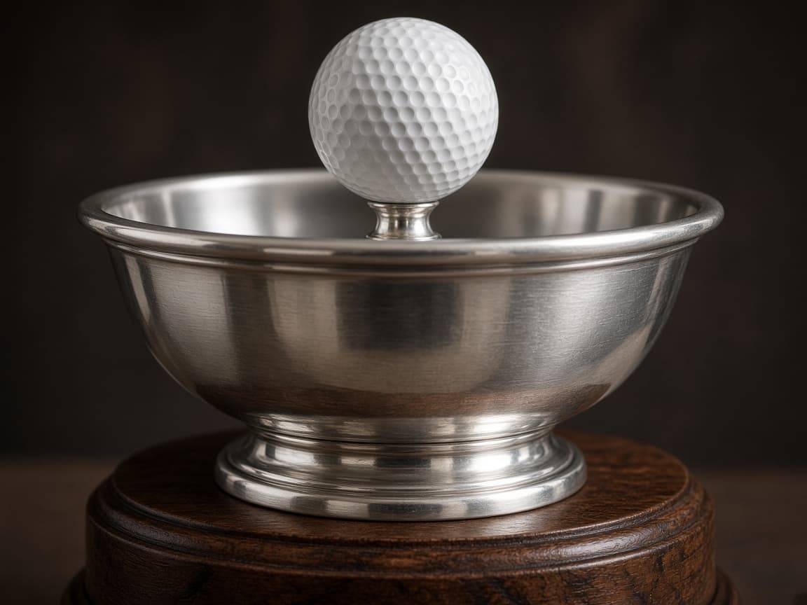 Classic Golf Tournament Trophy design concept, close-up of the metal cup with wood or resin base