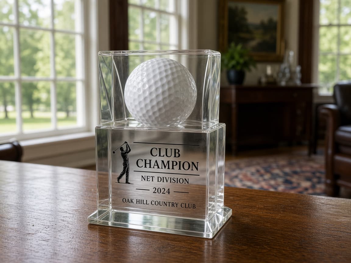 Clear Acrylic Golf Ball Award design concept in a presentation setting