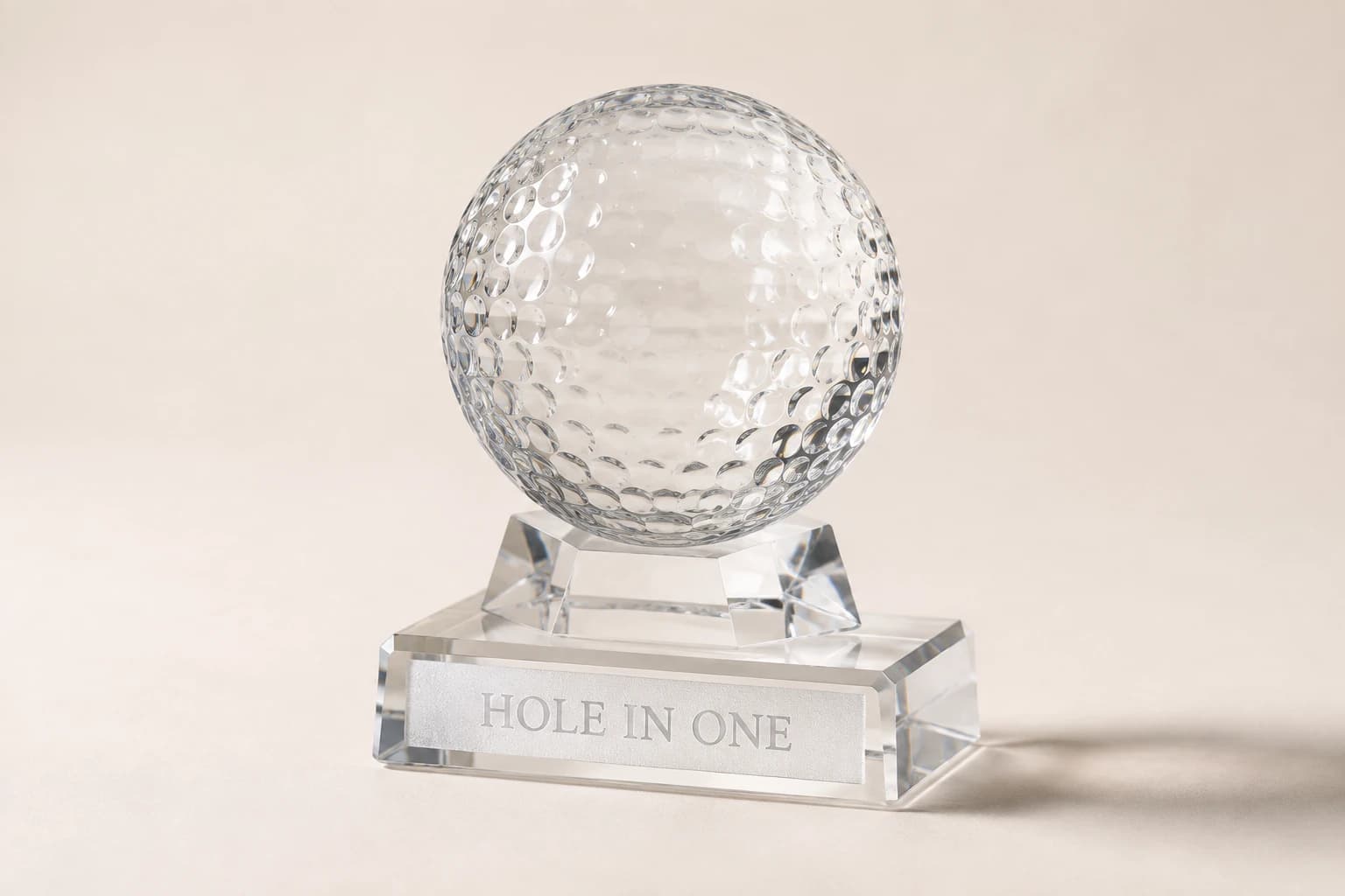 Clear acrylic golf-ball award with a separate engraved base.