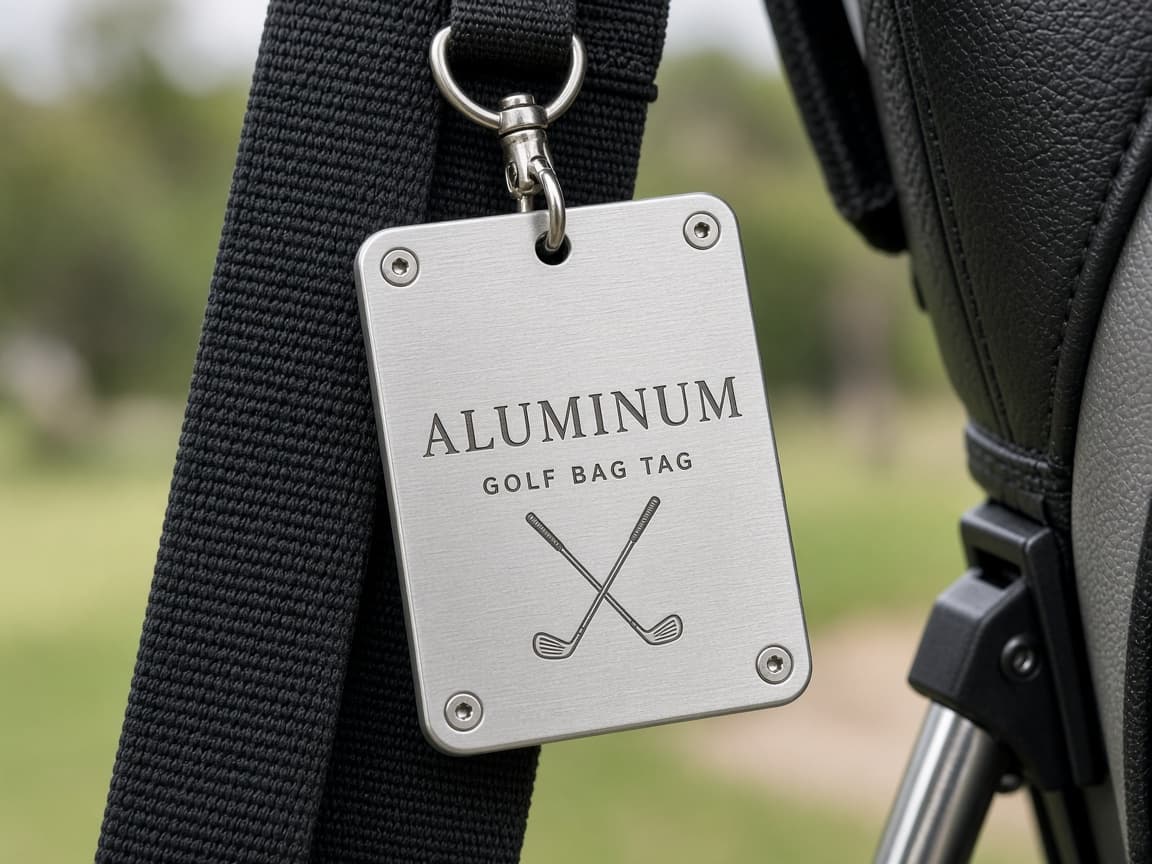 Custom Engraved Golf Bag Tags design concept in a presentation setting