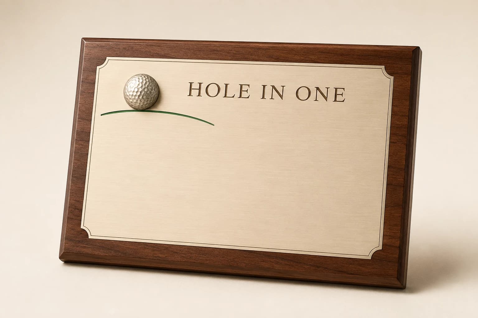 Walnut hole-in-one plaque with a golf-ball medallion and green accent.