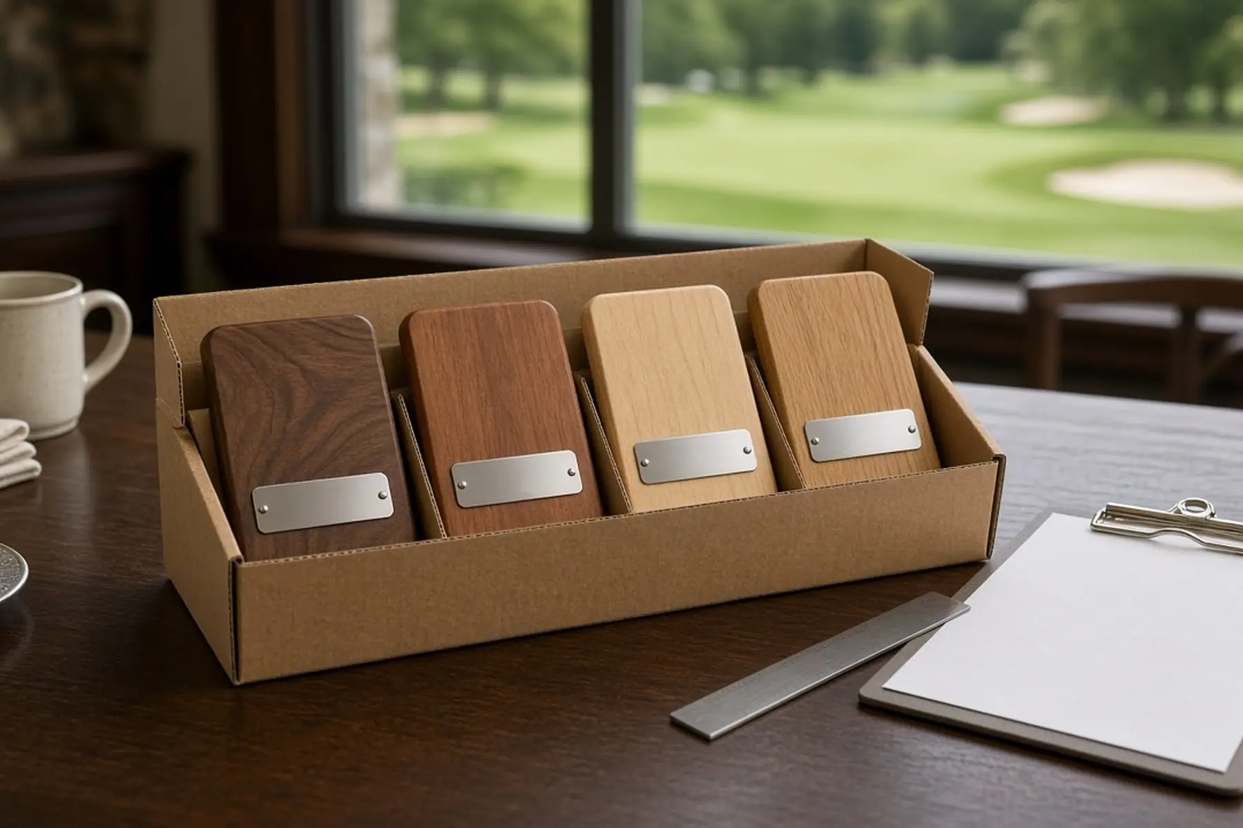 Coordinated order concept: matching Golf Tournament Sponsor Plaque pieces grouped and separated for packing