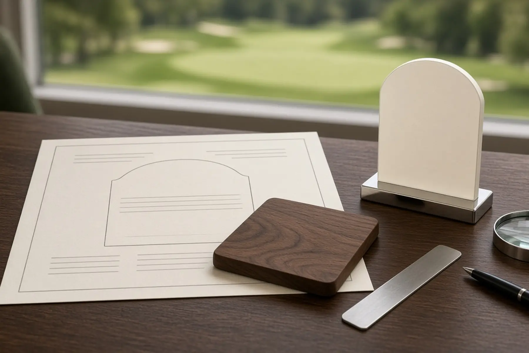 Proof review concept: a full-size layout checked against a blank Club Championship Trophy