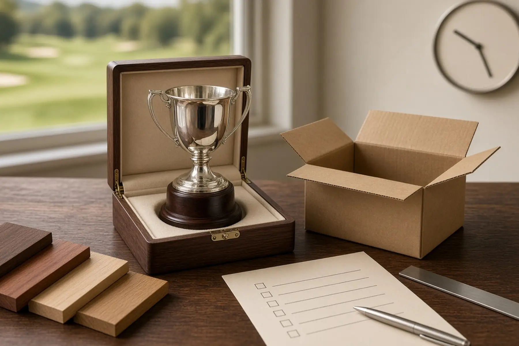 Rush planning concept: a Classic Golf Tournament Trophy, carton and checklist arranged around an arrival date