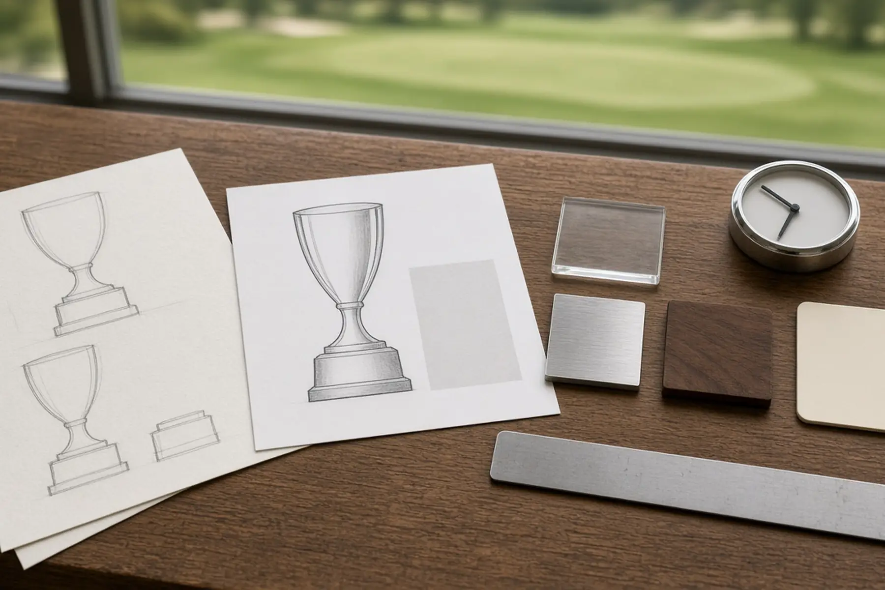 Design planning concept for a Club Championship Trophy: sketches, material swatches and a blank sample shape