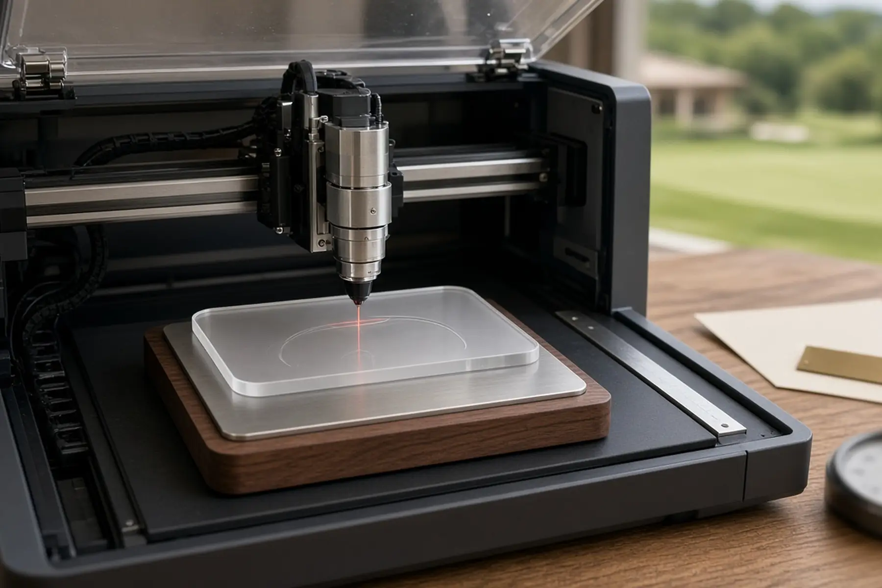 Engraving concept: a blank plate for a Club Championship Trophy inside an enclosed marking machine